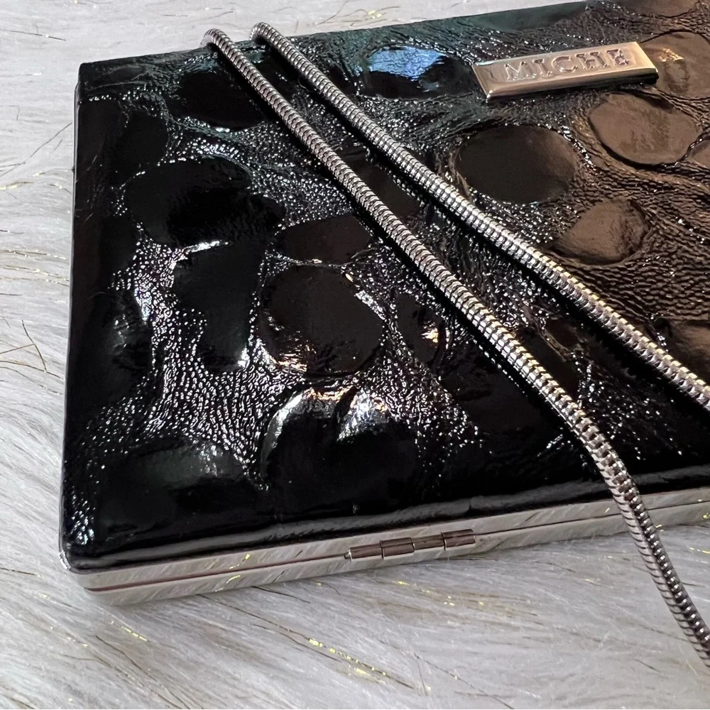 MICHE Black animal Print Faux Leather Silver tone Evening Clutch Bag NWOT - Picture 3 of 15